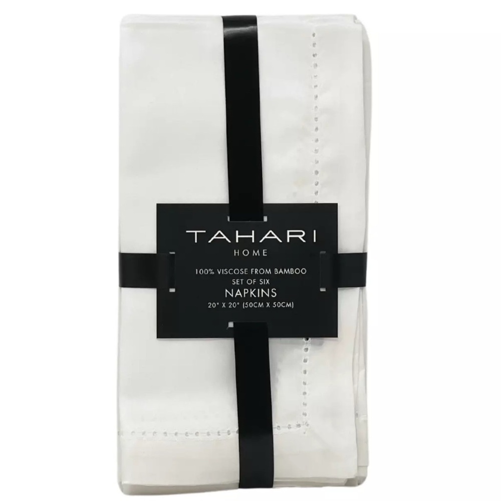 TAHARI Set of SIX 20 x 20" White Hemstitch Bamboo & Viscose Designer Napkins NEW